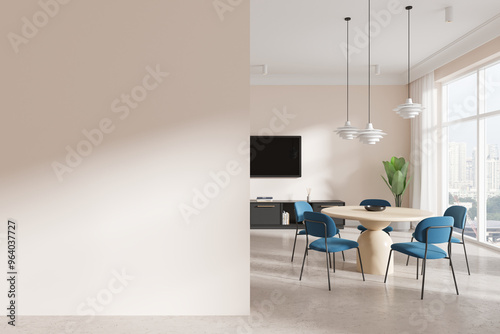 Home kitchen interior with eating table and tv display, window. Mockup wall photo