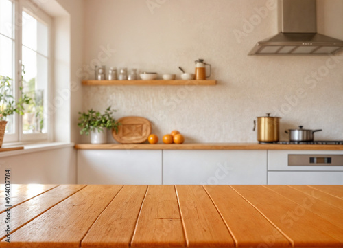 Green Empty wooden table with the bright white interior of the kitchen as a blurred background behind the bokeh golden sunshine