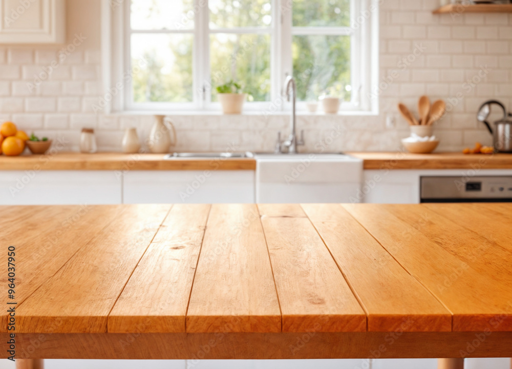 kitchen table background, wood counter top on blur of white clean abstract home interior with bokeh. used for display or montage your wooden for dining background. table banner