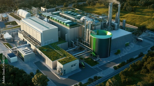 A hydrogen-powered waste management facility processing trash into clean energy, with zero emissions