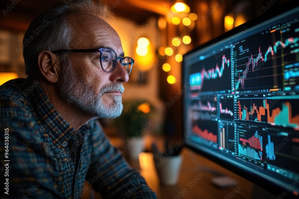 Senior Man Analyzing Market Data with Focus and Dedication in Organized Office Setting