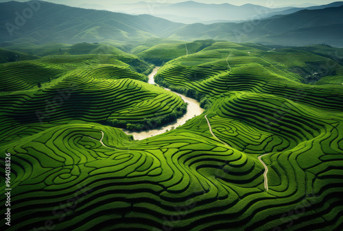 Aerial View of Verdant Terraced Hills
