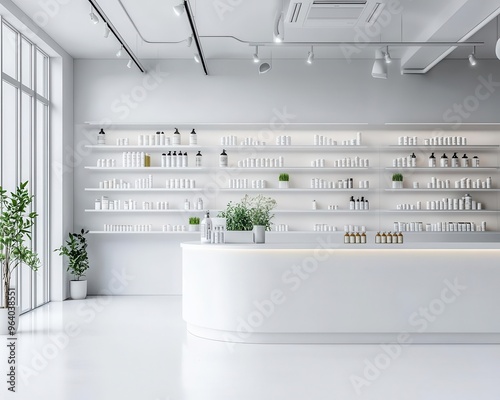 White minimalist pharmacy interior with organized product displays, modern counters, bright lighting, 3D Render, Photorealistic