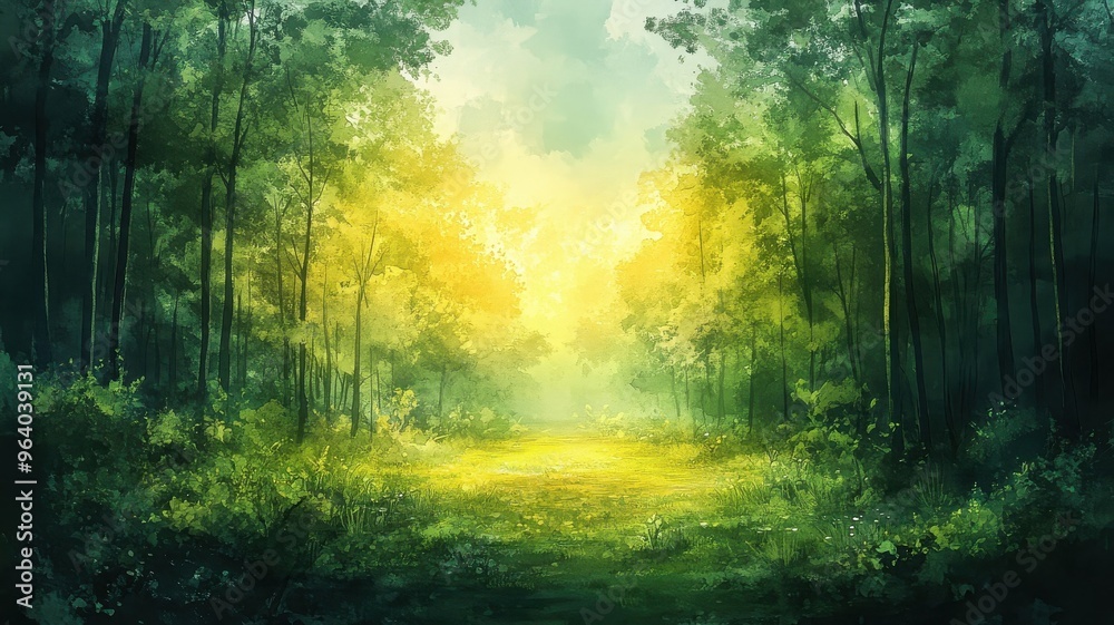 Fototapeta premium Watercolor style forest with fluid brushstrokes and lush greenery.