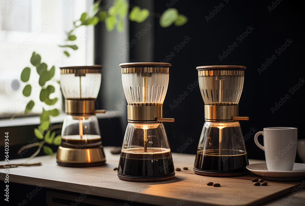 Elegant Modern Coffee Makers on Wooden Table Elegant Modern Coffee Makers on Wooden Table