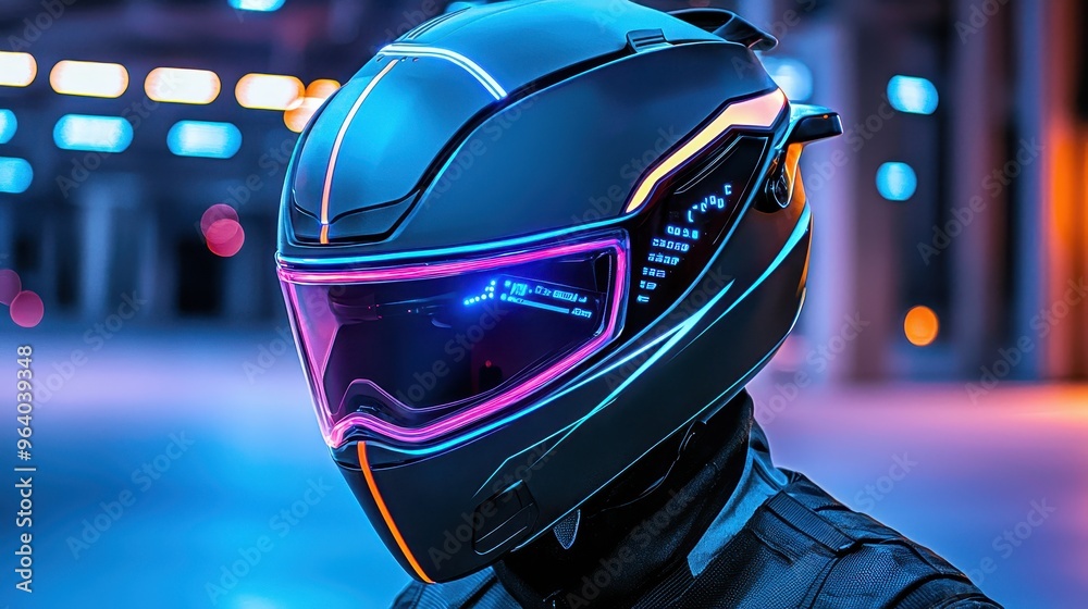 Futuristic Augmented Reality Electric Scooter Helmet with Safety Ratings, Ventilation, and Light Integration in City Commute Setting Futuristic Augmented Reality Electric Scooter Helmet with Safety Ratings, Ventilation, and Light Integration in City Commute Setting
