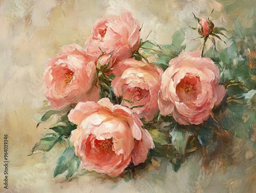 Oil painting depicting a cluster of peony shaped roses