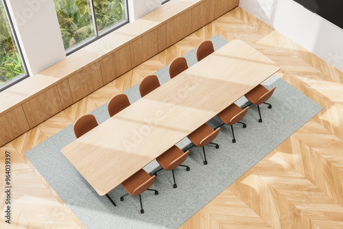 Top view of office meeting room interior with table and chairs, window