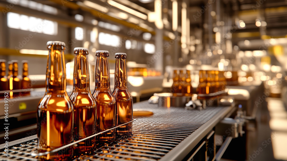 Brown glass bottles glide along the bottling line, ready for plastic wrapping in a bustling brewery filled with warm, natural light