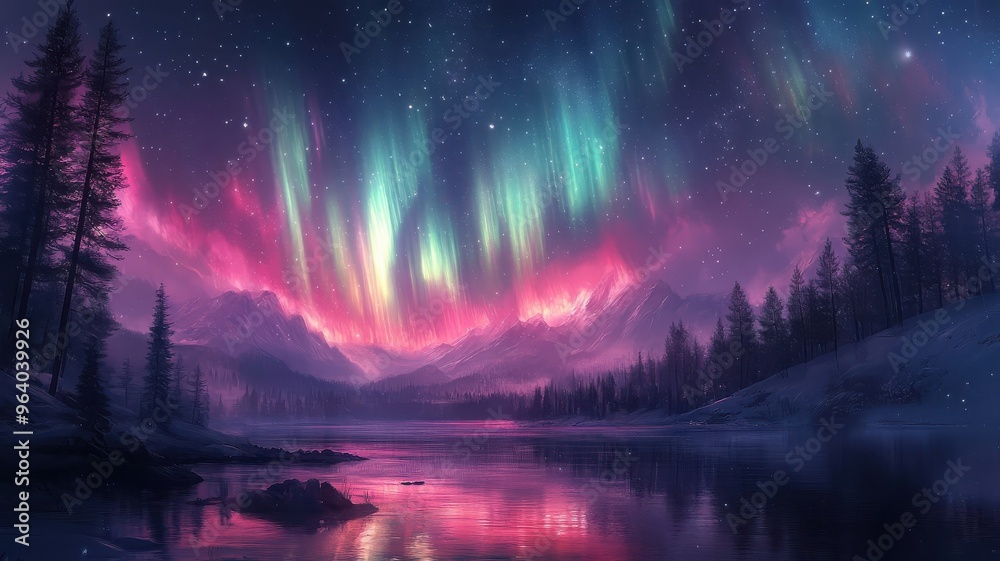 Surreal style northern lights with dreamlike auroras and imaginative colors. Surreal style northern lights with dreamlike auroras and imaginative colors.