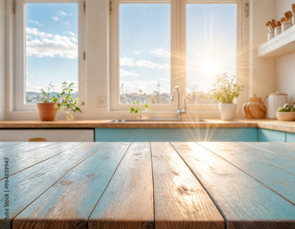 Green Empty wooden table with the bright white interior of the kitchen as a blurred background behind the bokeh golden sunshine Green Empty wooden table with the bright white interior of the kitchen as a blurred background behind the bokeh golden sunshine