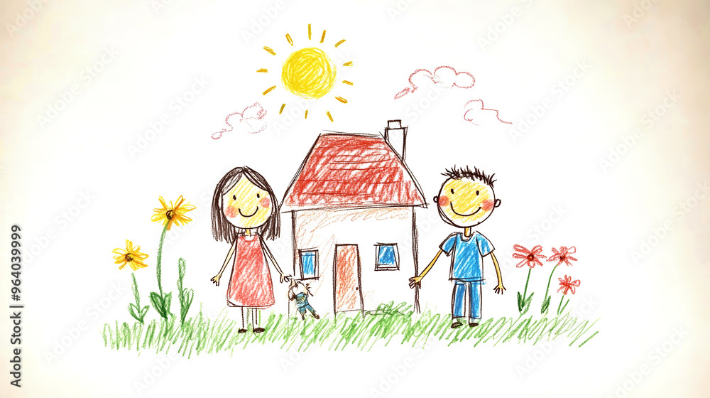A joyful family with two children holds hands outside their charming house, smiling amidst flowers and a sunny backdrop, evoking warmth and happiness A joyful family with two children holds hands outside their charming house, smiling amidst flowers and a sunny backdrop, evoking warmth and happiness