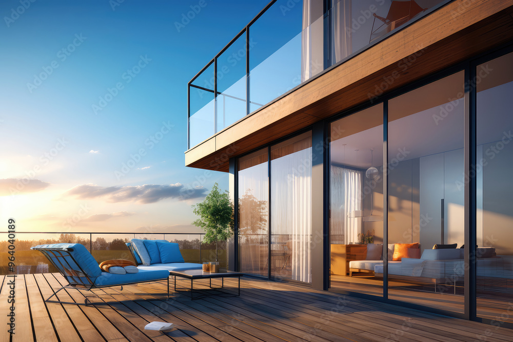 Fototapeta premium Modern Home Terrace with Stunning Sunset View
