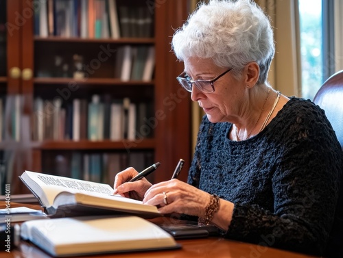 Dedicated Senior Woman Learning Leadership: Making Notes in Private Study