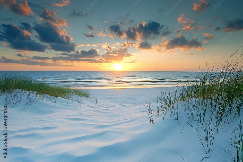 Tranquil Sunset Over Serene Beach with Soft Sands and Gentle Waves Tranquil Sunset Over Serene Beach with Soft Sands and Gentle Waves