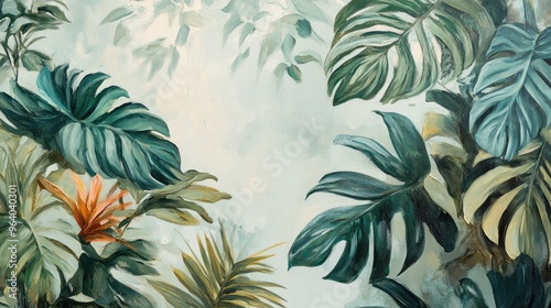 Wallpaper Mural Oil painting of lush green tropical leaves in a floral arrangement set against a white background showcasing indoor gardening and nature inspired decor Torontodigital.ca