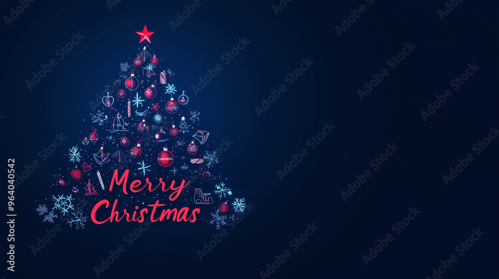 Abstract Christmas tree shape made of Christmas decorations, text Abstract Christmas tree shape made of Christmas decorations, text