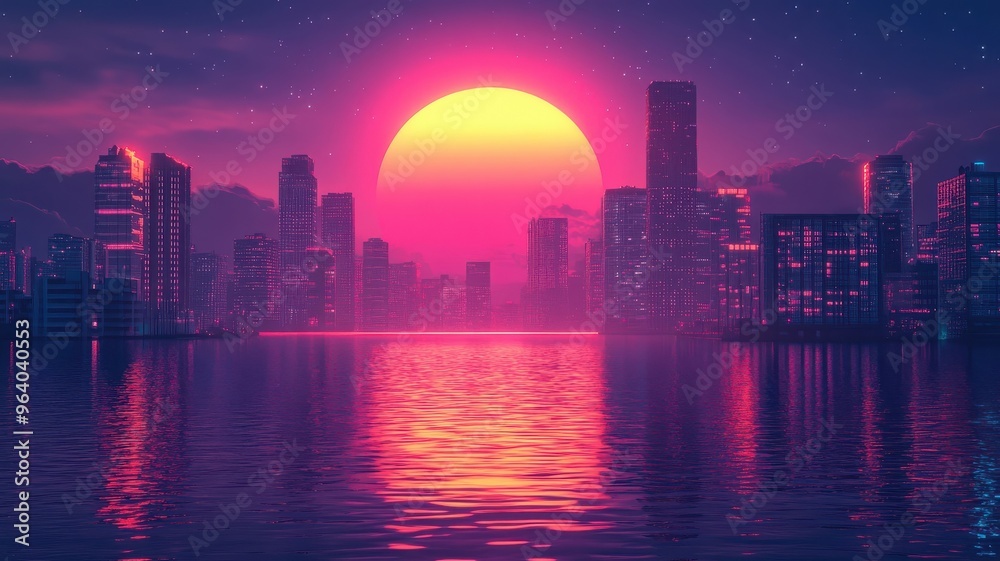 Fototapeta premium Synthwave Style city with neon lights and a retro-futuristic skyline.
