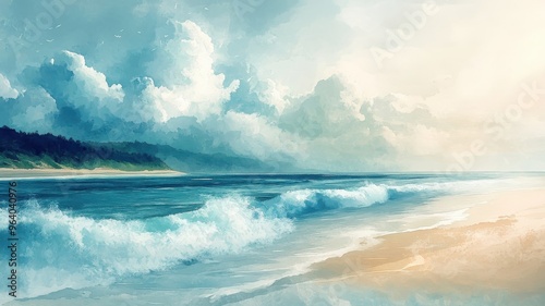 Watercolor style beach with fluid brushstrokes and vibrant hues.