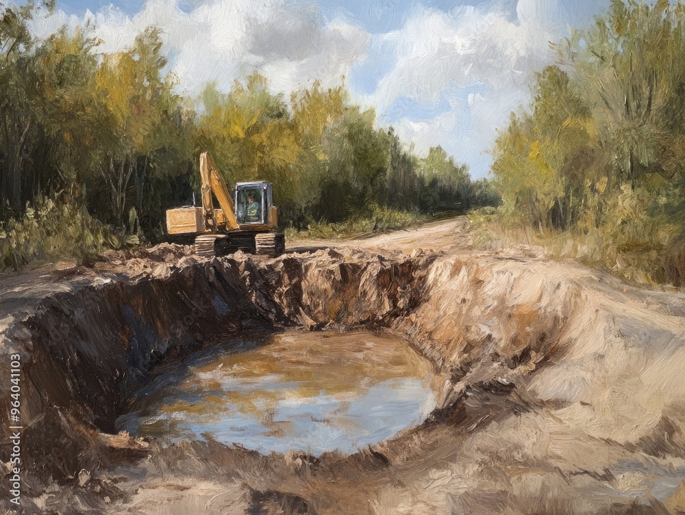 Oil painting depicting a clay lump soil excavation in a canal setting showcasing the process of soil removal Oil painting depicting a clay lump soil excavation in a canal setting showcasing the process of soil removal