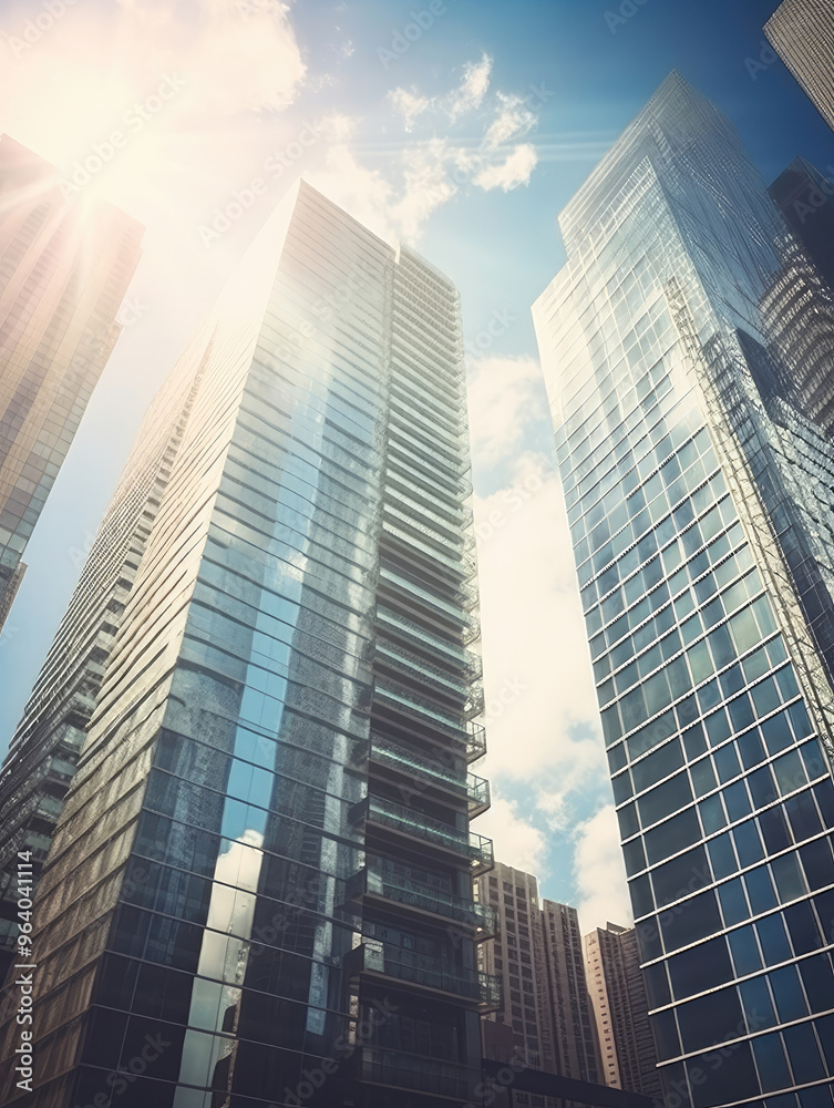 Fototapeta premium Sunlit Skyscrapers Against Blue Sky in Urban Jungle