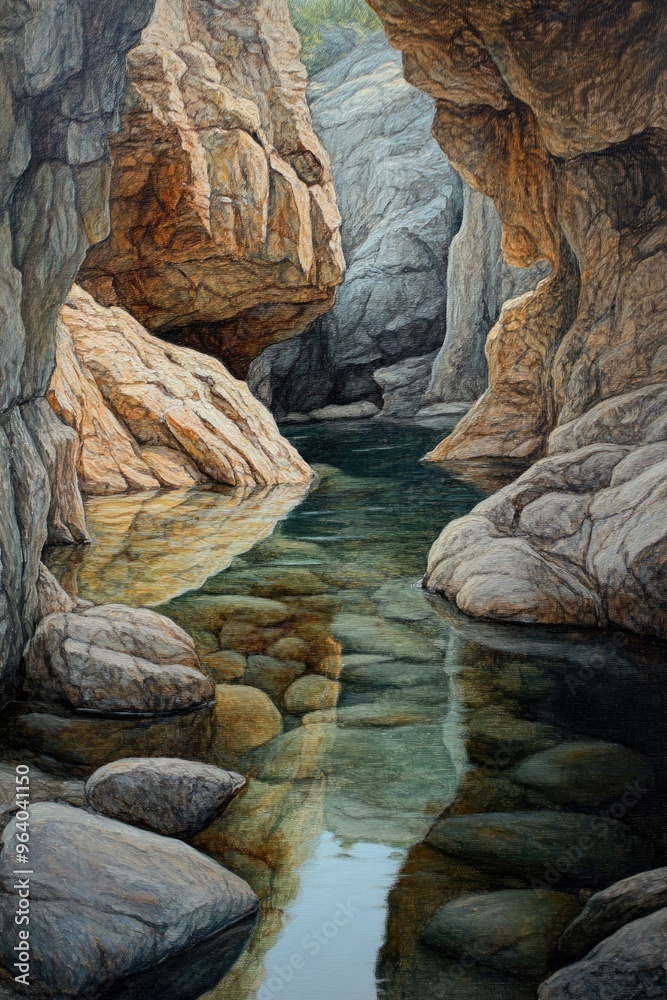 Oil painting depicting a pool nestled in a mountainous riverbed showcasing the tranquil beauty of nature Oil painting depicting a pool nestled in a mountainous riverbed showcasing the tranquil beauty of nature