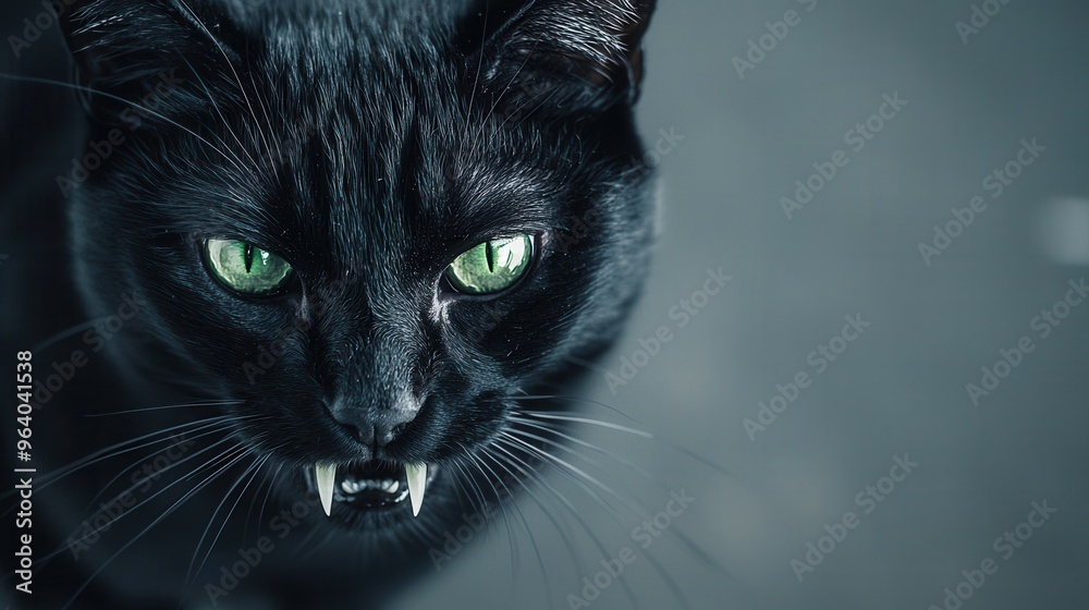 Close up of a Black Cat with Green Eyes and Sharp Teeth