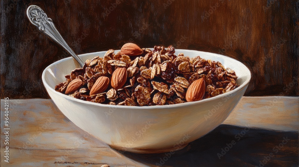 Obraz premium Oil painting depicting a delightful bowl of chocolate cornflakes and almonds showcasing nutritious granola as a wholesome food option