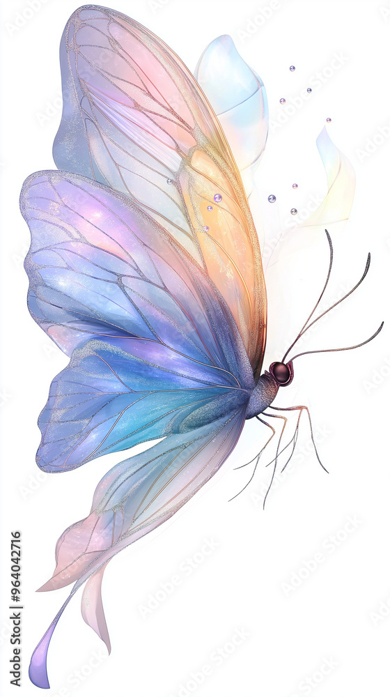 Obraz premium A glowing cartoon fairy butterfly with multicolored wings in lavender, aqua, and pink, flies against a white background. Its body sparkles, and its eyes twinkle with curiosity.