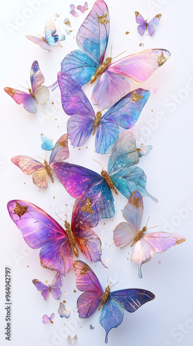 A glowing cartoon fairy butterfly with multicolored wings in lavender, aqua, and pink, flies against a white background. Its body sparkles, and its eyes twinkle with curiosity.