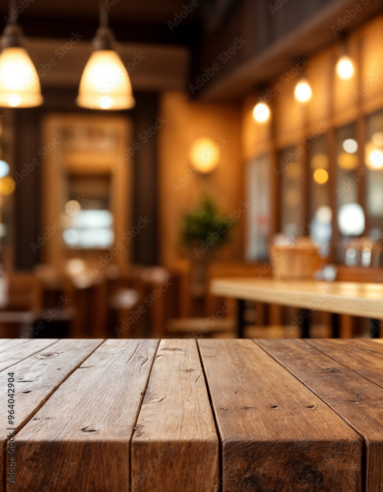 Empty wooden table for present product on coffee shop or soft drink bar blur background with bokeh image.