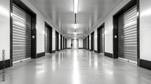 A bright, minimalist warehouse corridor showcases neat black and white closed doors, creating a professional and inviting atmosphere for storage
