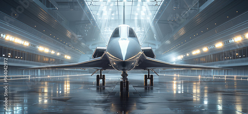 The sleekest fighter jet sits in a massive concert hall. the room is otherwise empty and silent. Lighting is rich and saturated concert lighting. Generative AI. photo