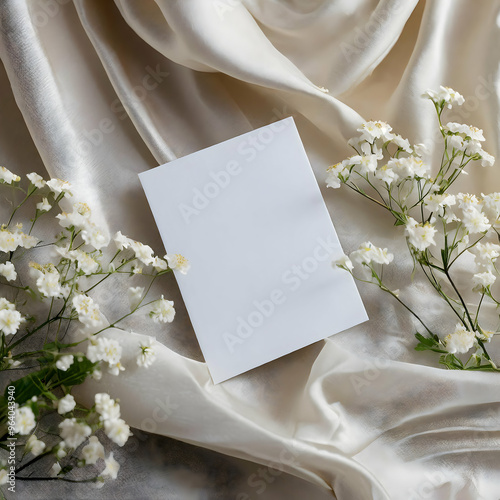 a blank white card positioned on luxurious, crumpled ivory silk with small white flowers delicately placed. The silk fabric's texture is highlighted by natural light, giving a premium feel