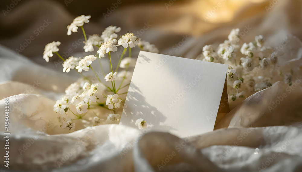 A crisp white card sits atop crumpled white and ivory silk, with tiny white flowers scattered for a touch of nature. The scene is illuminated by soft, golden light, giving a serene and timeless look A crisp white card sits atop crumpled white and ivory silk, with tiny white flowers scattered for a touch of nature. The scene is illuminated by soft, golden light, giving a serene and timeless look
