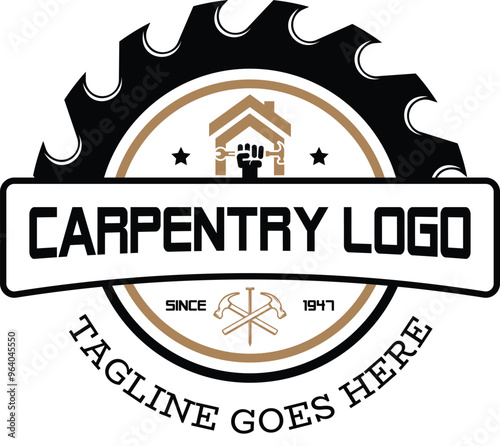 Carpenter saw logo design with handyman vector emblem