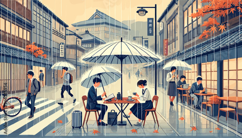 People holding umbrellas in rainy Kyoto. Vector illustration.