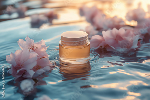 Jar of cream floating in calm water surrounded by pink cherry blossoms is perfect for visual identification of a natural wellness brand as well as for breast cancer awareness events