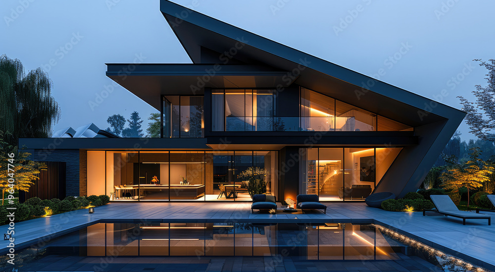 Fototapeta premium Modern minimalist house design, night front view. Main structure formed by two large triangles inclined toward the center, creating an inverted V shape. Exterior in dark metallic panel. Generative AI.