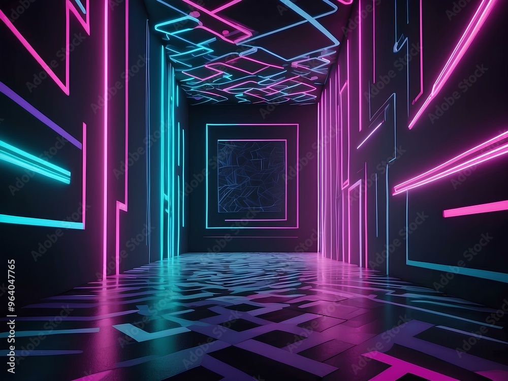 Fototapeta premium futuristic hallway with neon lights and geometric shapes, creating a tunnel effect that draws the eye into a surreal and immersive space