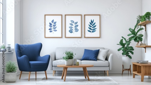 living room with white walls, a blue armchair and sofa against the wall