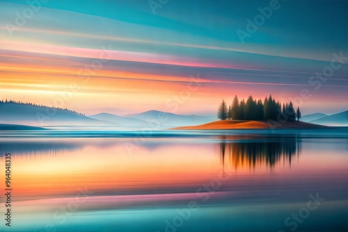 Serenity of sunset reflection on scenic lake with trees in background calm waters and colorful sky