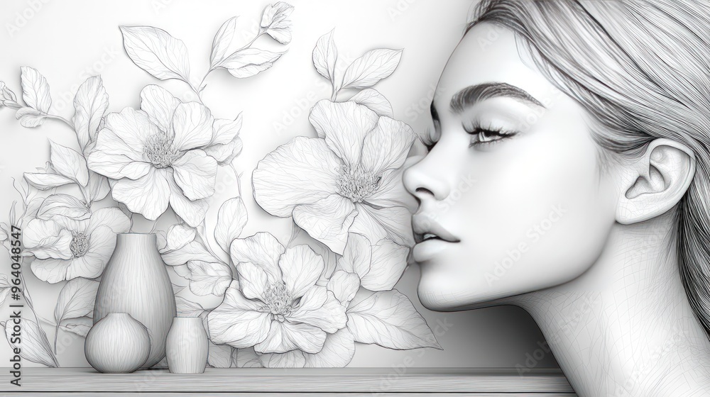 Monochrome portrait of a woman's profile with flowers and vases behind her. Monochrome portrait of a woman's profile with flowers and vases behind her.