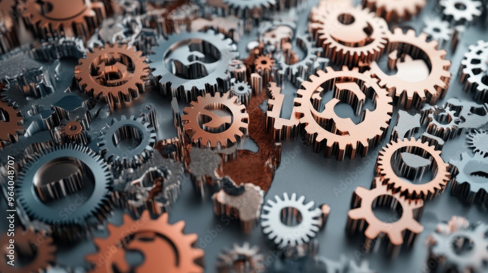 A close up of many gears, some of which are gold A close up of many gears, some of which are gold
