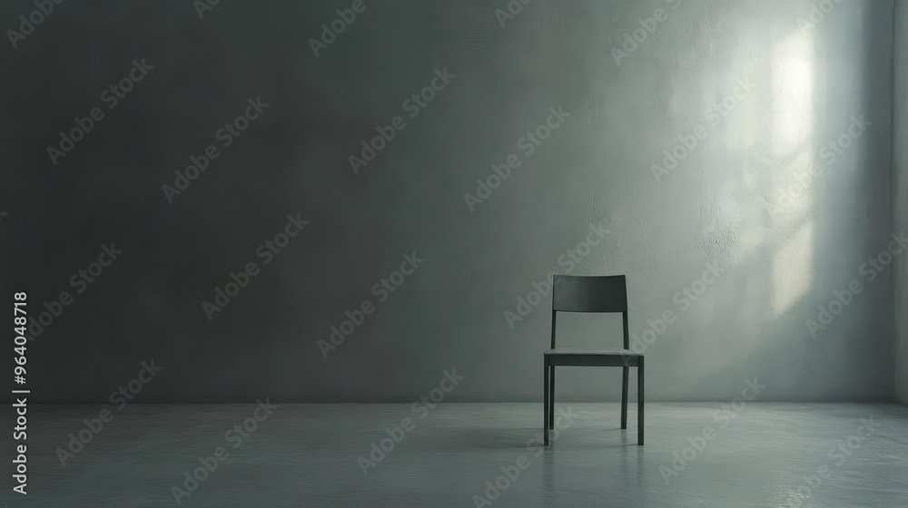 A chair is the only piece of furniture in a barren, gray room, creating an overwhelming feeling of loneliness A chair is the only piece of furniture in a barren, gray room, creating an overwhelming feeling of loneliness