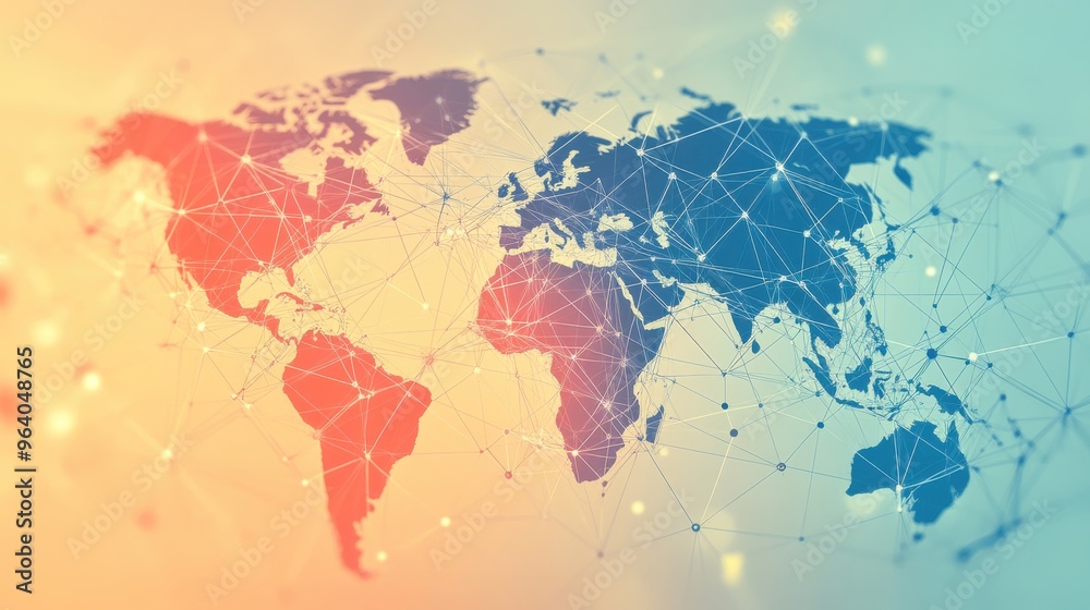 Fototapeta premium A colorful world map with many lines connecting different countries