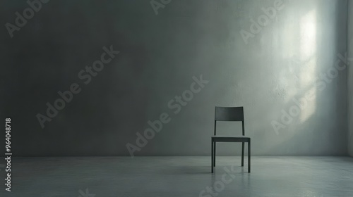 A chair is the only piece of furniture in a barren, gray room, creating an overwhelming feeling of loneliness