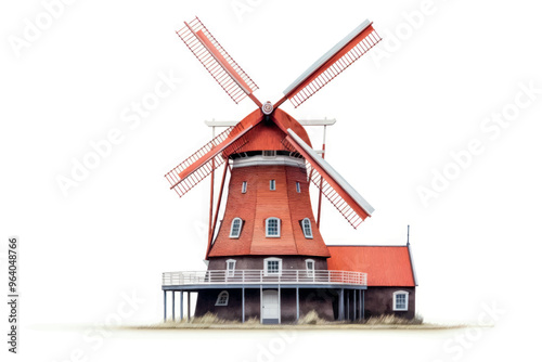 Historic red-roofed windmill illustration