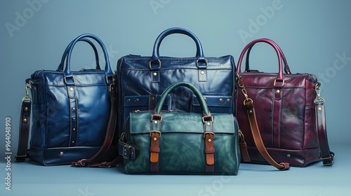 An assortment of men's leather bags in navy blue, dark green and electric purple on a light blue background. Generative AI.