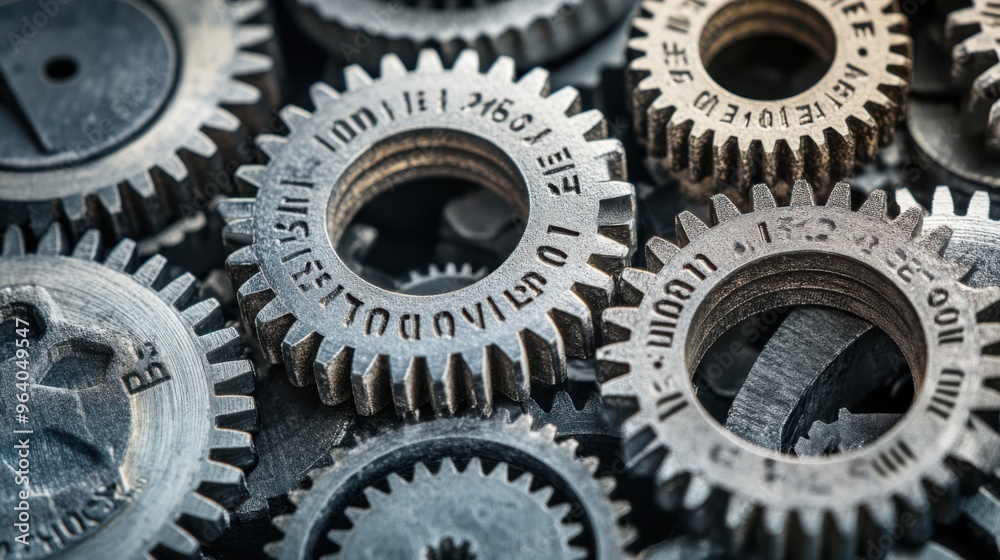 A collection of gears with numbers and letters on them A collection of gears with numbers and letters on them